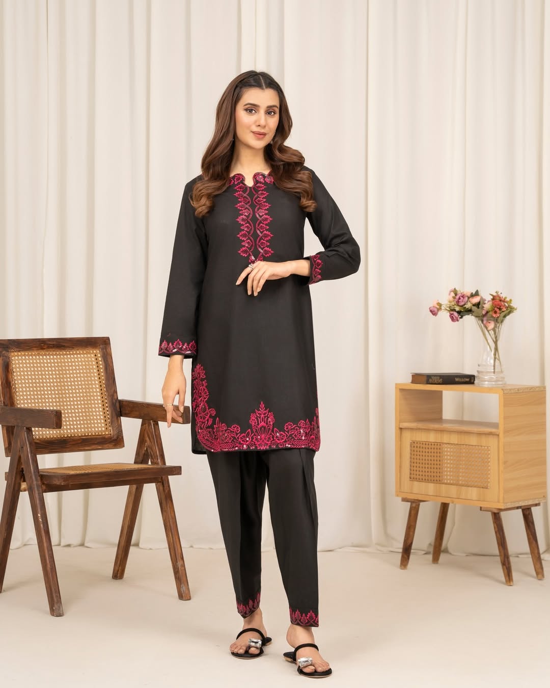 Black & Purple Embroidered Suit | Pink Organza Dupatta | 3-Piece Ready to Wear