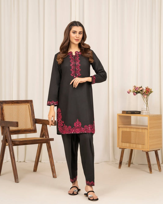 Black & Purple Embroidered Suit | Pink Organza Dupatta | 3-Piece Ready to Wear
