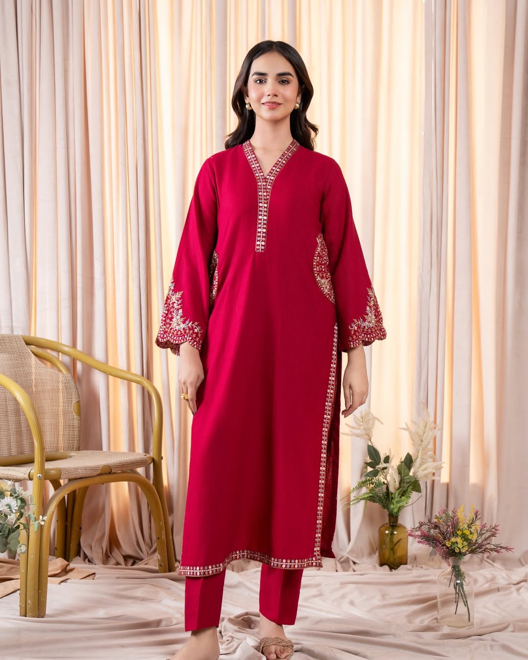 Luxury Maroon Embroidered Kurta | Ready to Wear Karandi/Linen Formal Shirt
