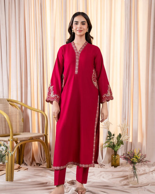 Luxury Maroon Embroidered Kurta | Ready to Wear Karandi/Linen Formal Shirt
