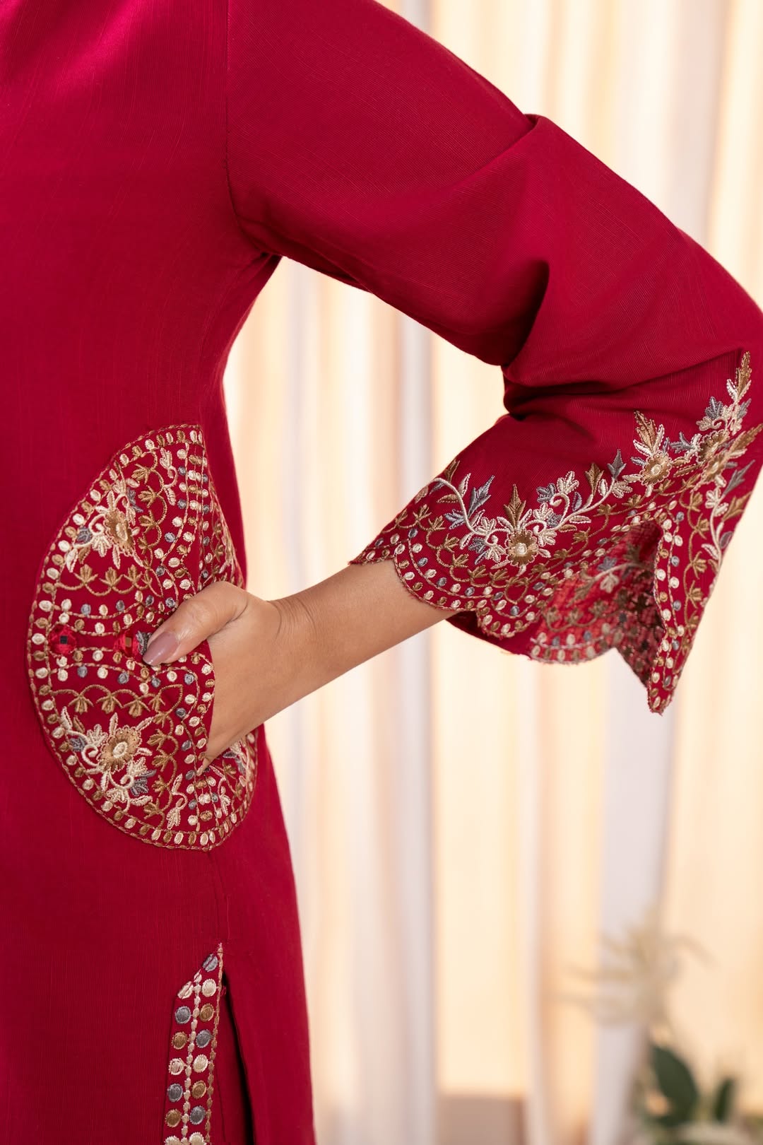 Luxury Maroon Embroidered Kurta | Ready to Wear Karandi/Linen Formal Shirt