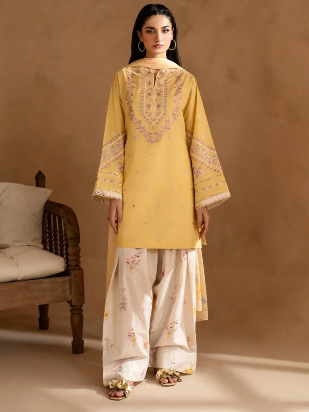 Sunny Yellow 3-Piece Lawn Suit | Embroidered Kurta with Floral Print Culottes & Dupatta