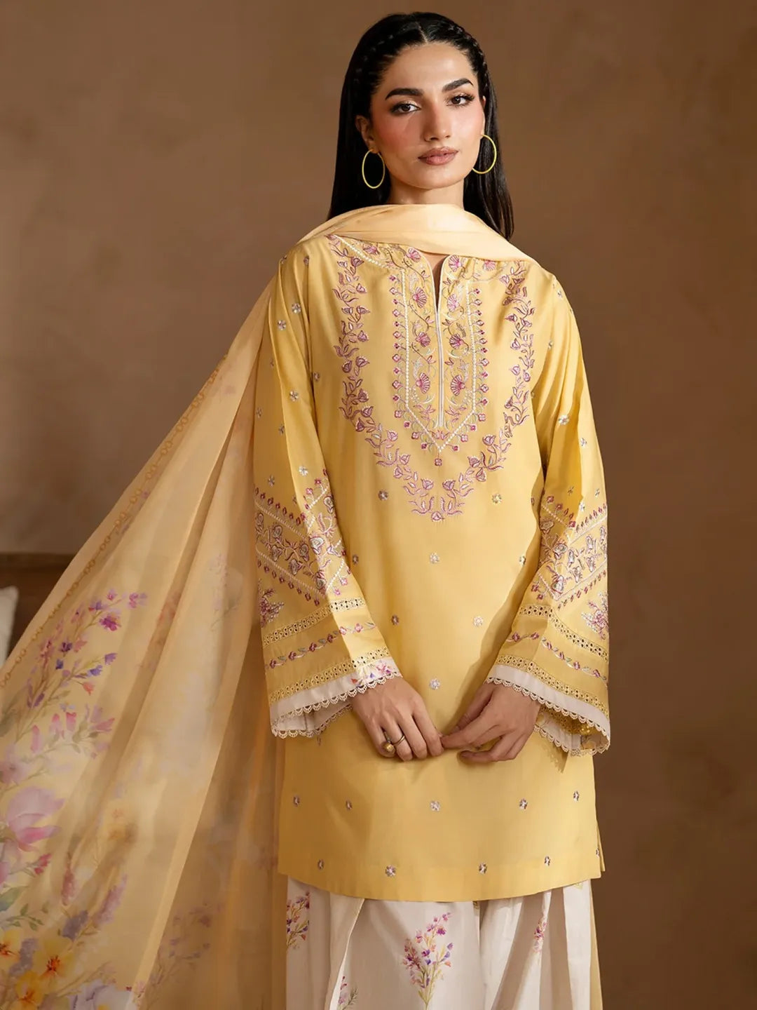 Sunny Yellow 3-Piece Lawn Suit | Embroidered Kurta with Floral Print Culottes & Dupatta