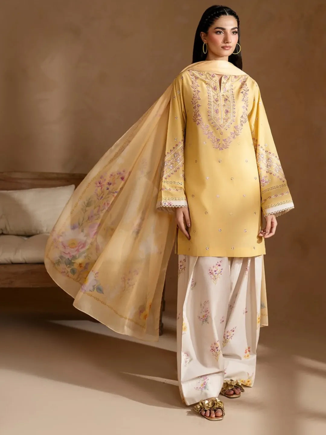 Sunny Yellow 3-Piece Lawn Suit | Embroidered Kurta with Floral Print Culottes & Dupatta