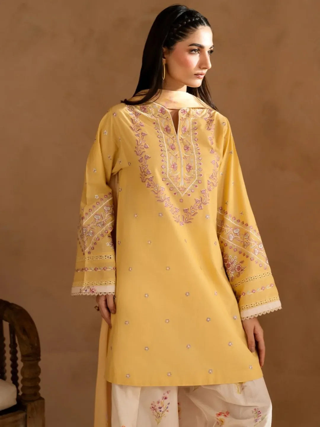 Sunny Yellow 3-Piece Lawn Suit | Embroidered Kurta with Floral Print Culottes & Dupatta