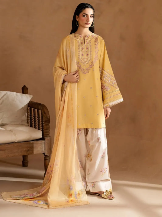 Sunny Yellow 3-Piece Lawn Suit | Embroidered Kurta with Floral Print Culottes & Dupatta