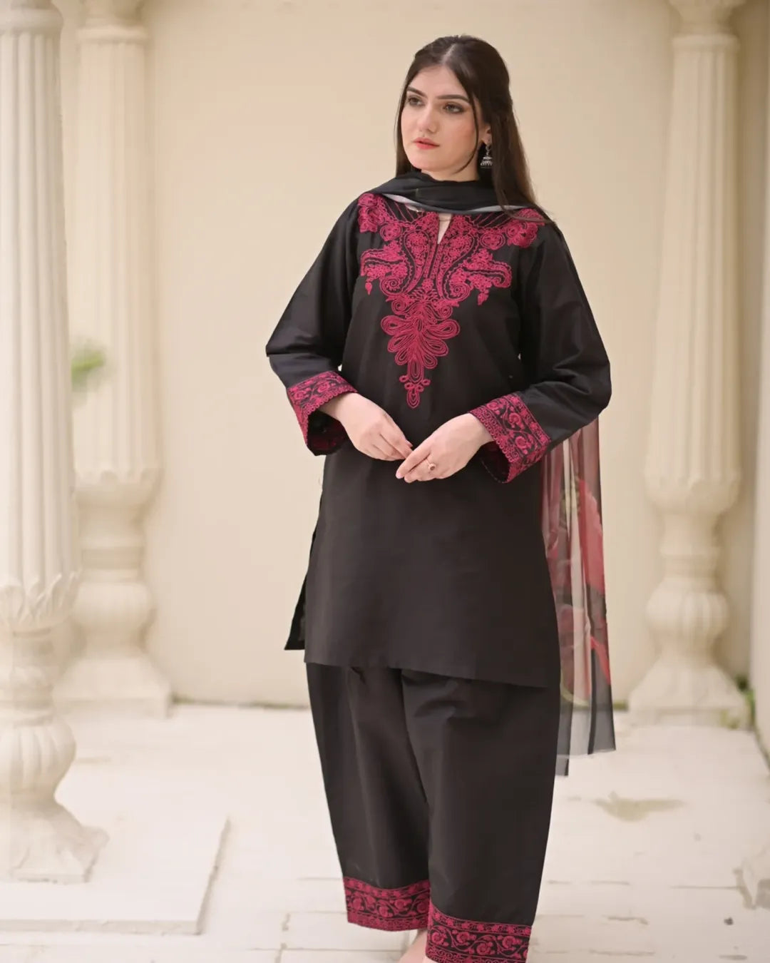 Black Digital Printed Organza Suit with Floral Dupatta