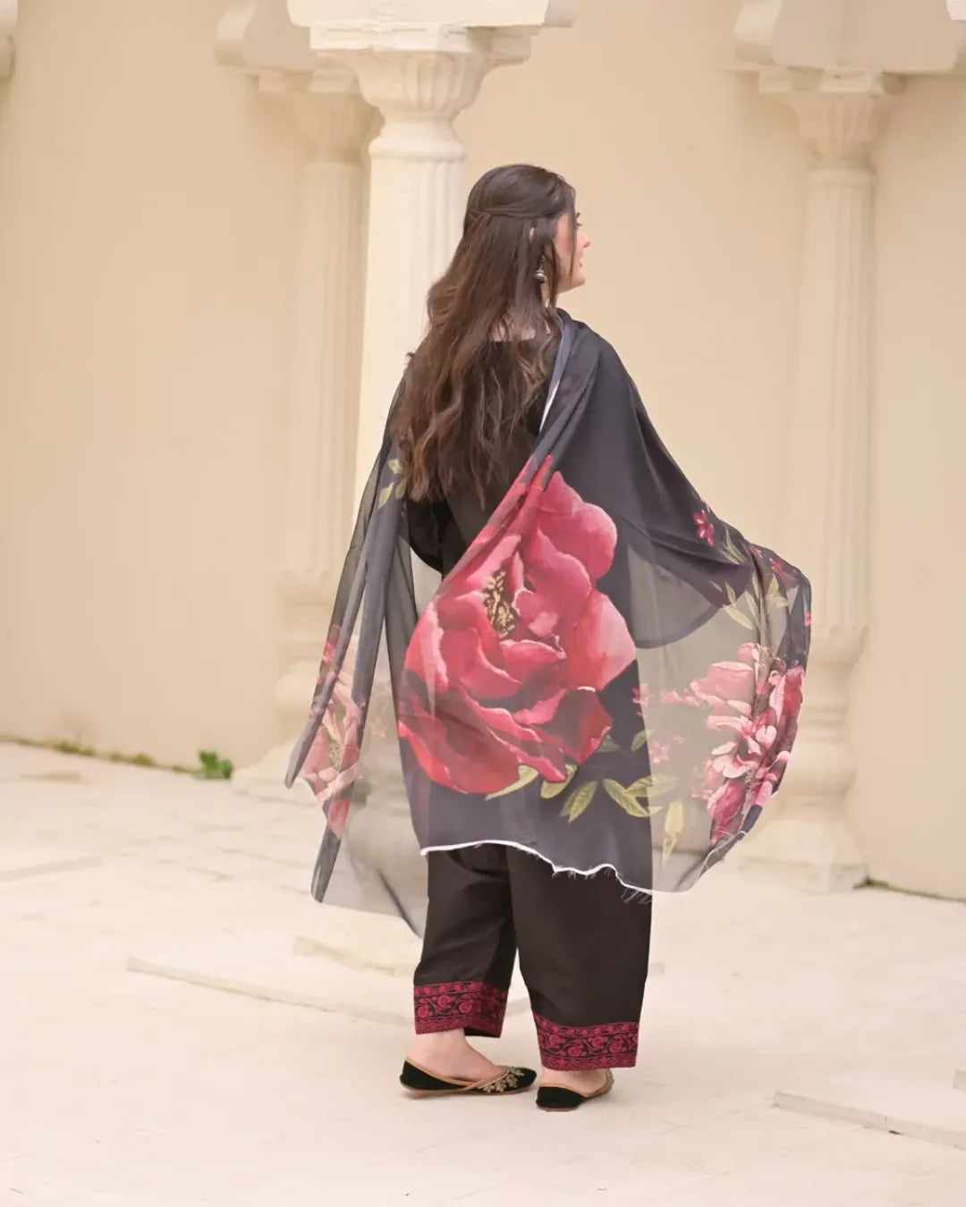 Black Digital Printed Organza Suit with Floral Dupatta