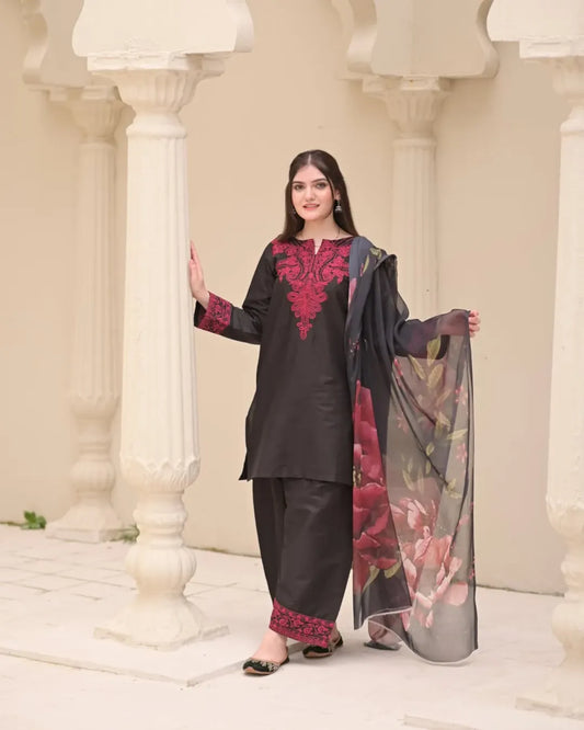 Black Digital Printed Organza Suit with Floral Dupatta