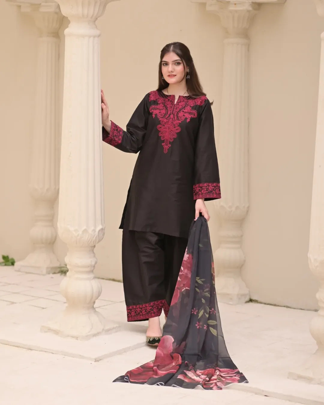 Black Digital Printed Organza Suit with Floral Dupatta