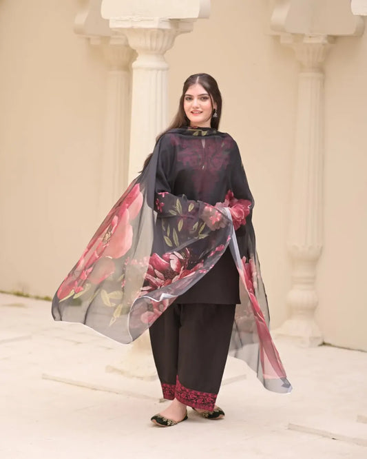 Black Digital Printed Organza Suit with Floral Dupatta