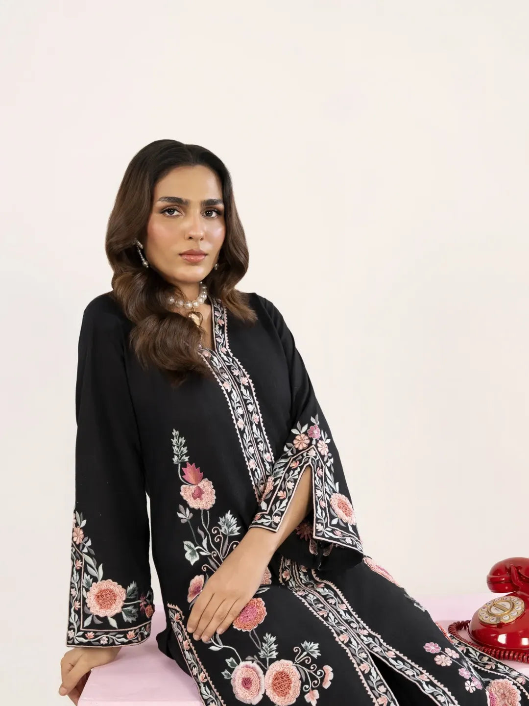 Black Embroidered 2-Piece Winter Cotton Suit | Fuchsia Thread Work Kurta & Trousers Set