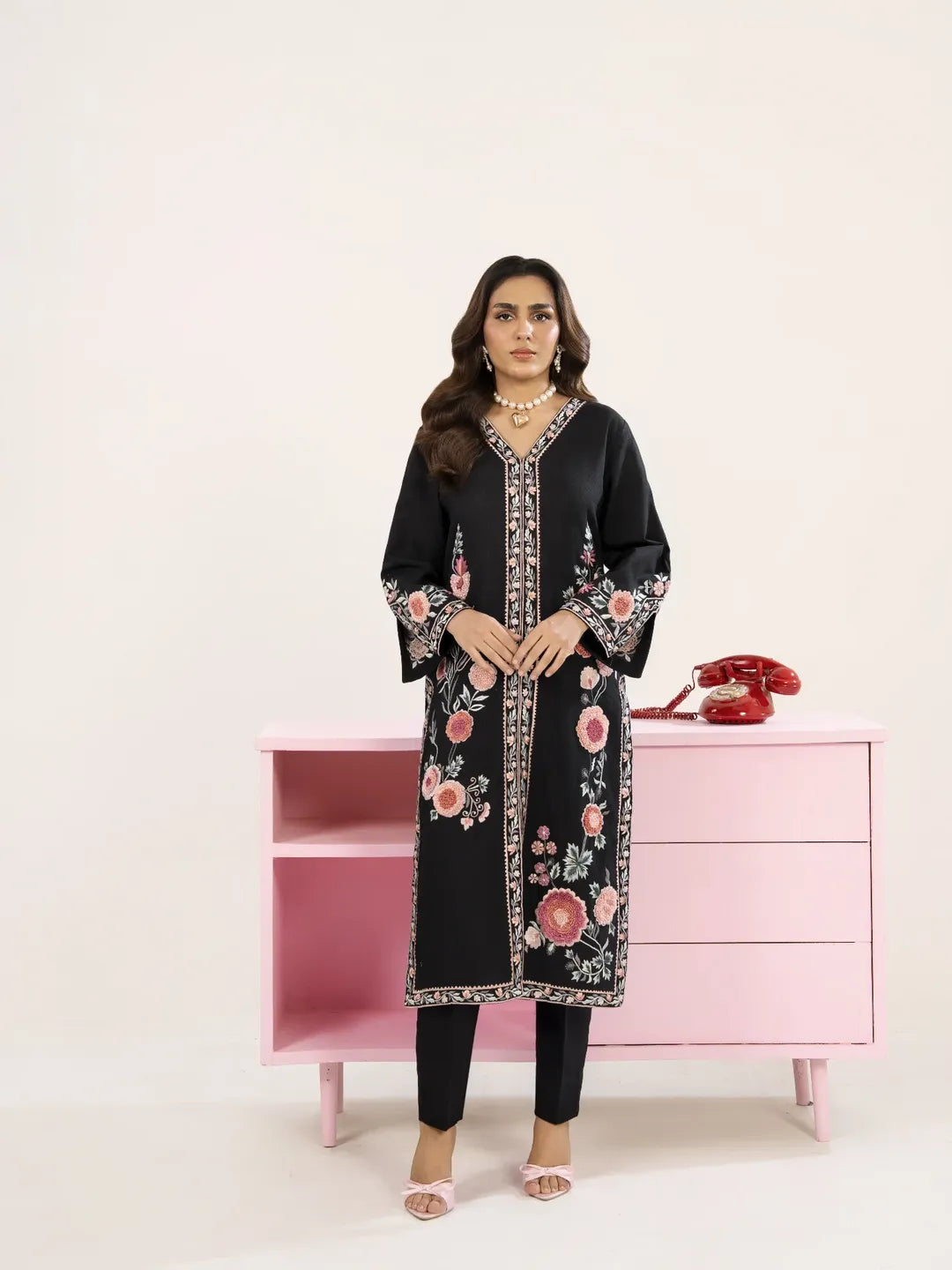 Black Embroidered 2-Piece Winter Cotton Suit | Fuchsia Thread Work Kurta & Trousers Set