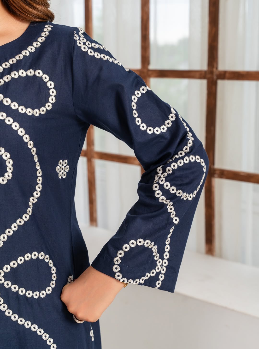 Navy Blue Chikankari Style Cotton Suit | White Thread Work 2-Piece Kurta Set