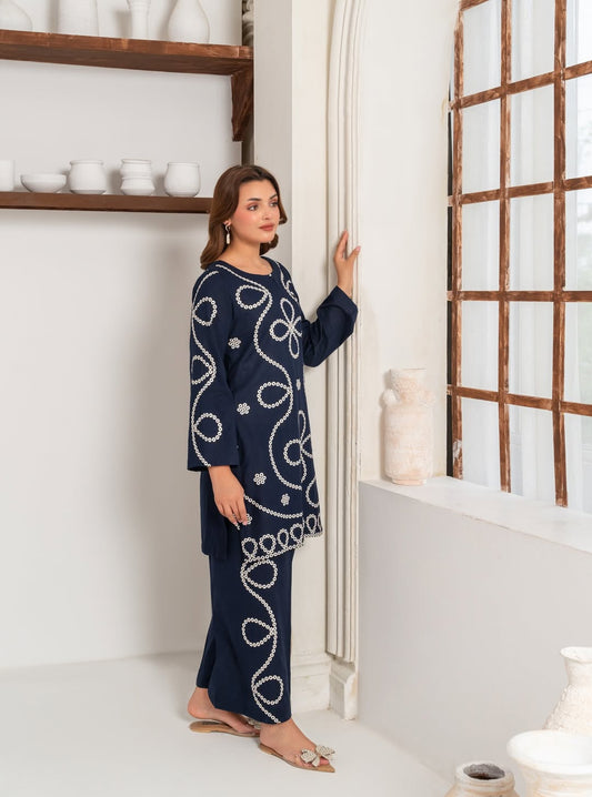 Navy Blue Chikankari Style Cotton Suit | White Thread Work 2-Piece Kurta Set