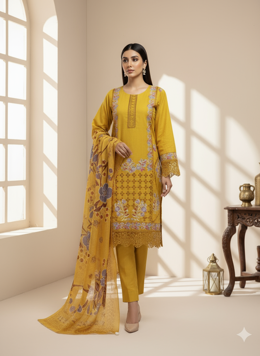 Mustard Embroidered Winter Cotton 3-Piece Suit