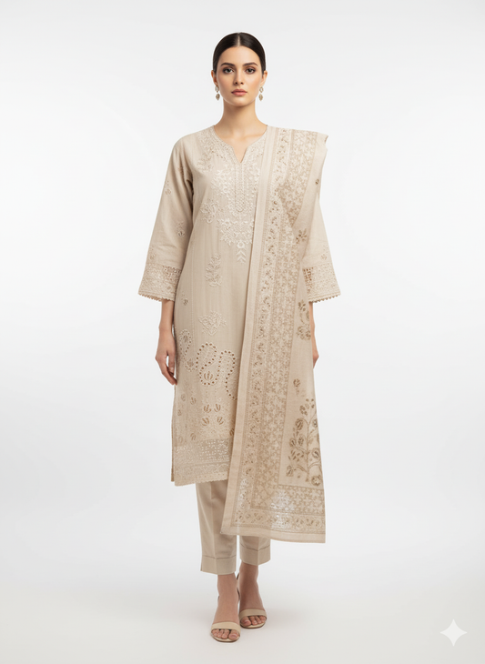 Elegant Beige Embroidered 3-Piece Suit