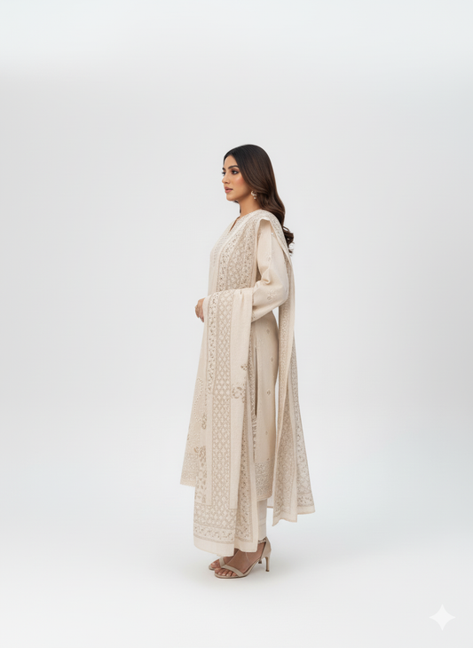 Elegant Beige Embroidered 3-Piece Suit