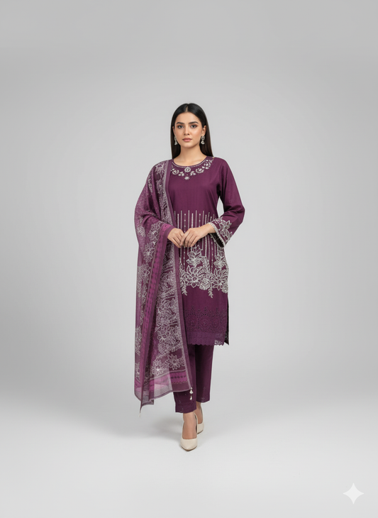 Lareza Deep Plum Embroidered 3-Piece Suit