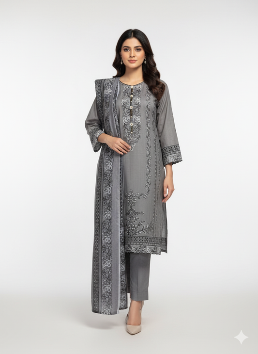 Grey Embroidered 3-Piece Winter Cotton Suit