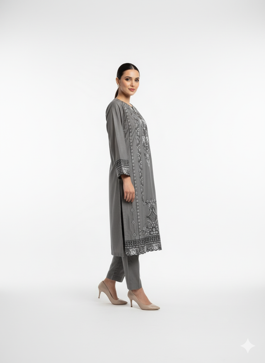Grey Embroidered 3-Piece Winter Cotton Suit