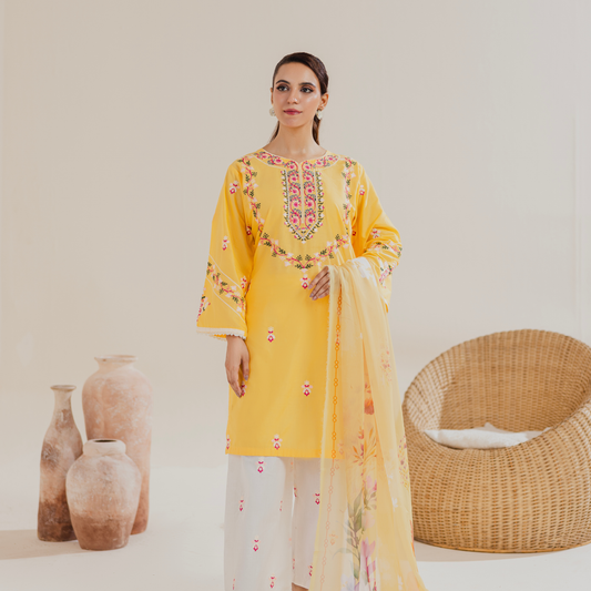 Lareza Sunshine Yellow Embroidered Winter Cotton 3-Piece Suit