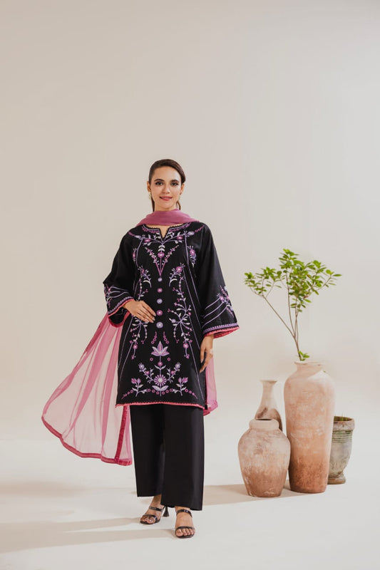 Black Embroidered 3-Piece Lawn Suit with Pink Dupatta