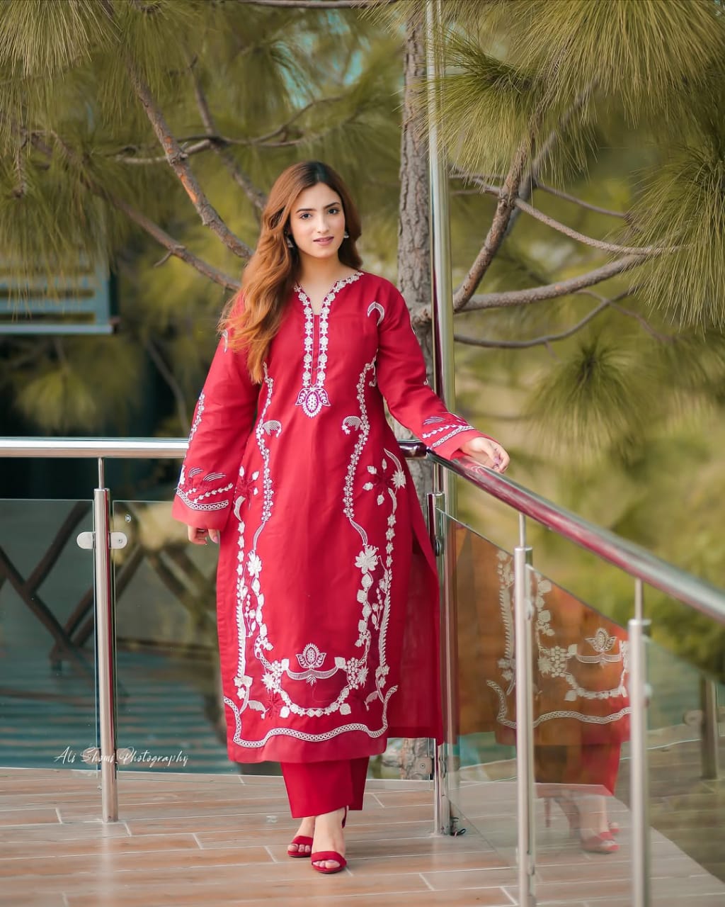 Vibrant Crimson Red 2-Piece Embroidered Kurta Set | White Thread Work Summer Lawn Suit | Ready-to-Wear Casual Chic