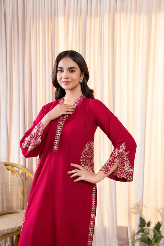 Luxury Maroon Embroidered Kurta | Ready to Wear Karandi/Linen Formal Shirt