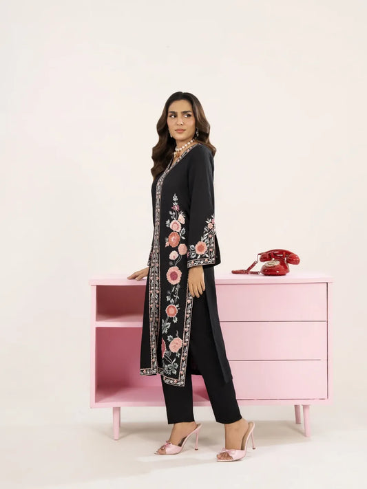 Black Embroidered 2-Piece Winter Cotton Suit | Fuchsia Thread Work Kurta & Trousers Set
