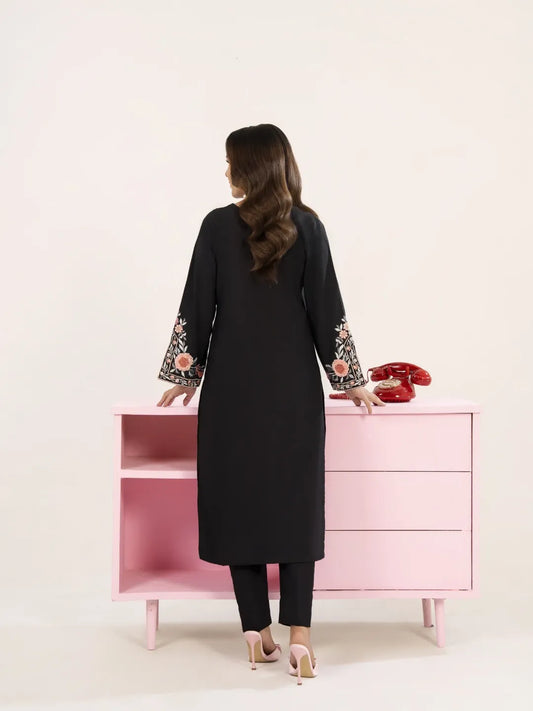Black Embroidered 2-Piece Winter Cotton Suit | Fuchsia Thread Work Kurta & Trousers Set