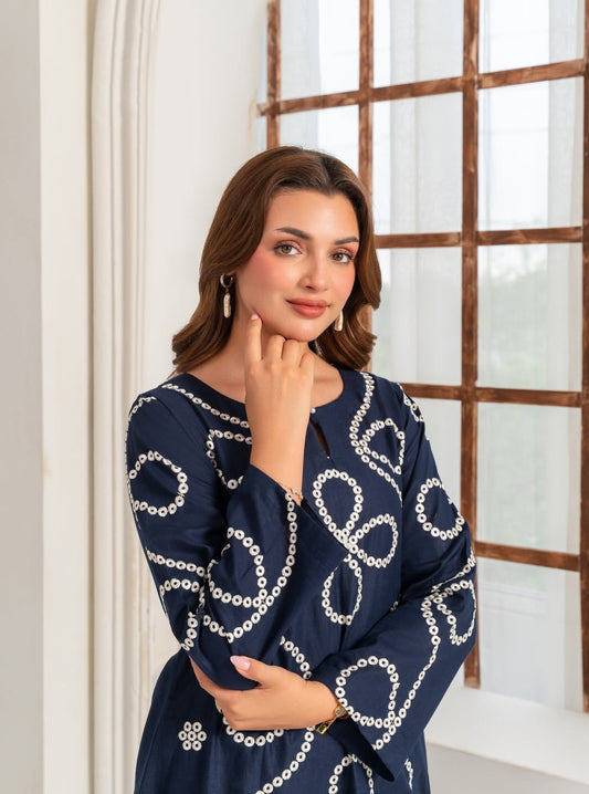 Navy Blue Chikankari Style Cotton Suit | White Thread Work 2-Piece Kurta Set